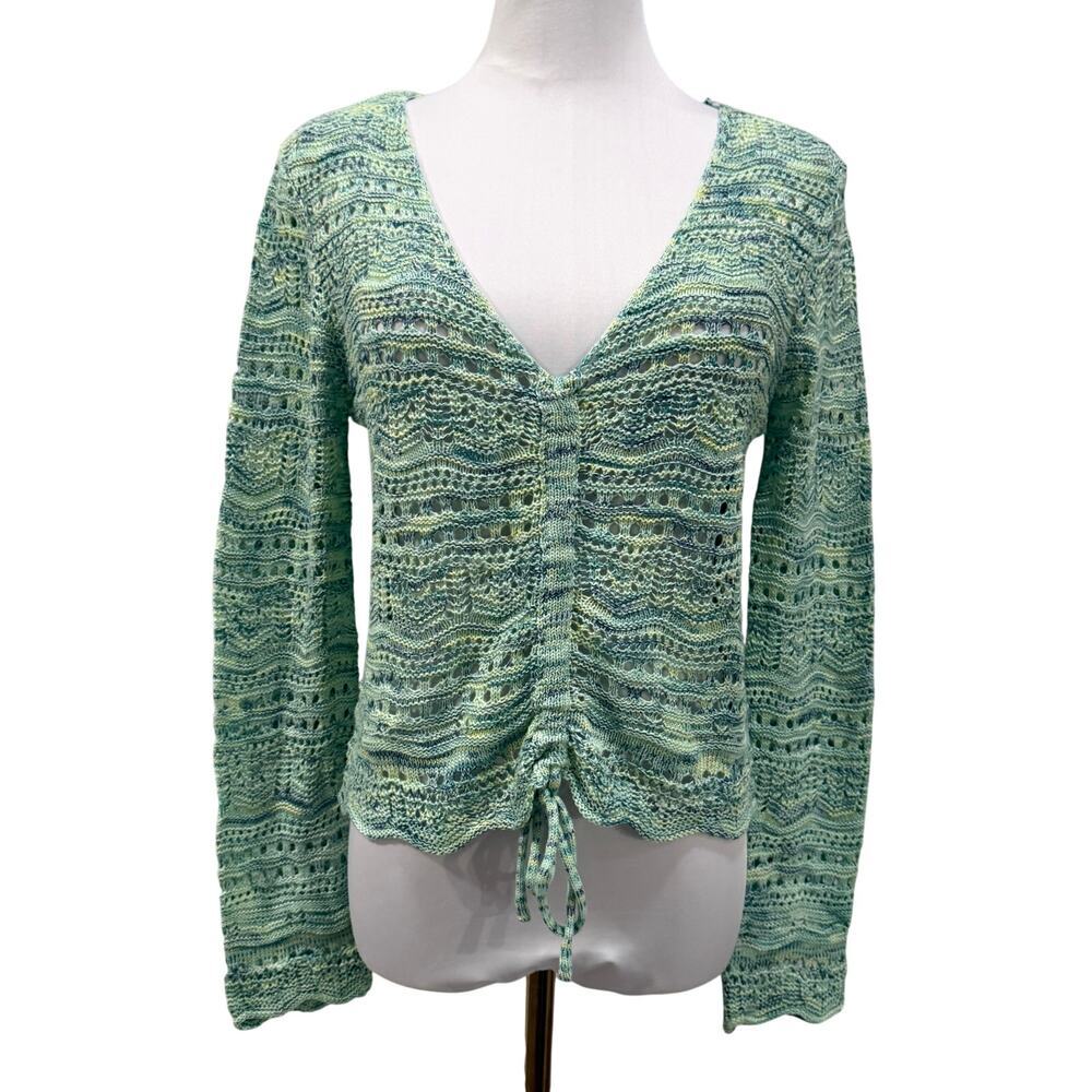 Mint Green Open Knit Ruched Sweater Long Bell Sleeves Scalloped Hem V Neck Airy - Picture 2 of 10